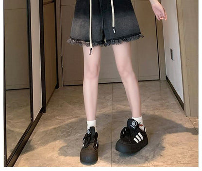 Drawstring Waist Fringed Washed Denim Shorts