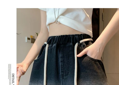 Drawstring Waist Fringed Washed Denim Shorts