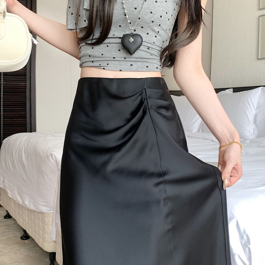 High Waist Plain Ruched Midi A-Line Skirt