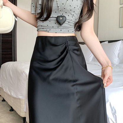 High Waist Plain Ruched Midi A-Line Skirt