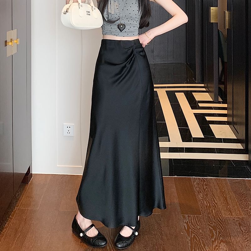 High Waist Plain Ruched Midi A-Line Skirt