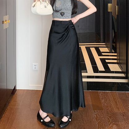 High Waist Plain Ruched Midi A-Line Skirt