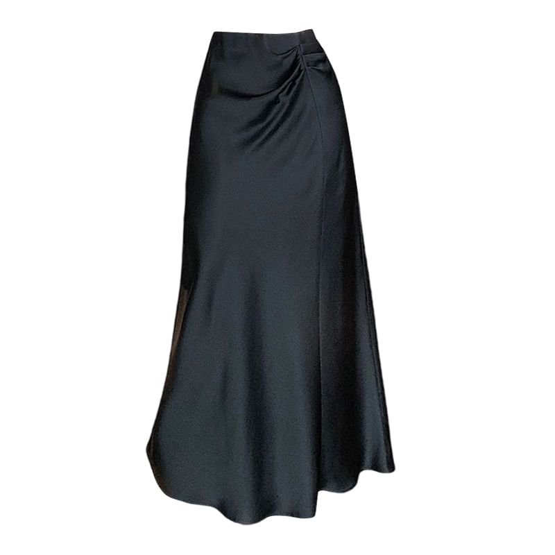 High Waist Plain Ruched Midi A-Line Skirt