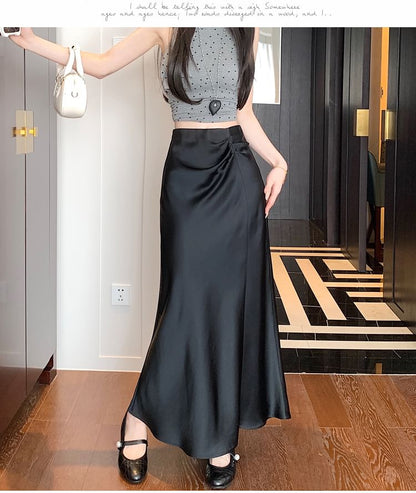 High Waist Plain Ruched Midi A-Line Skirt