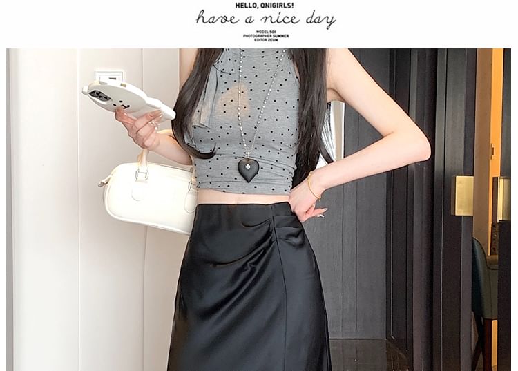 High Waist Plain Ruched Midi A-Line Skirt