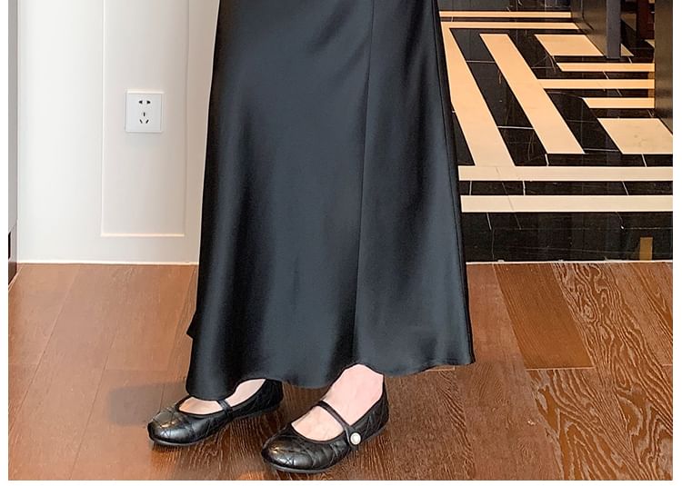 High Waist Plain Ruched Midi A-Line Skirt