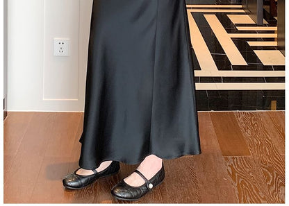 High Waist Plain Ruched Midi A-Line Skirt