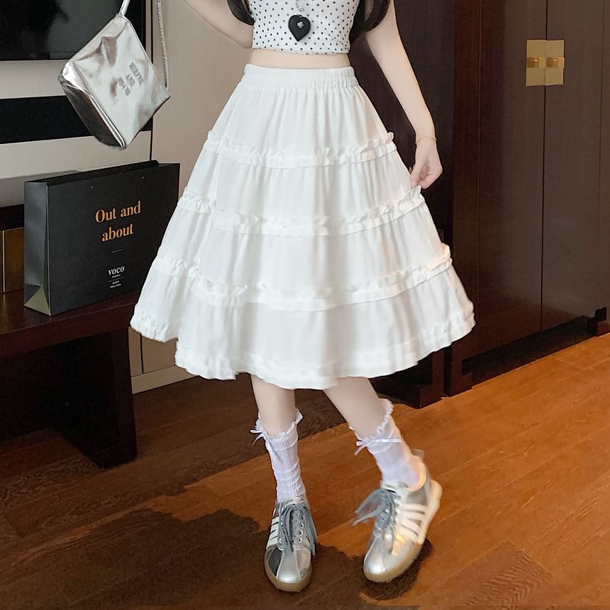 Elastic Waist Plain Ruffle Trim Tiered A-Line Skirt