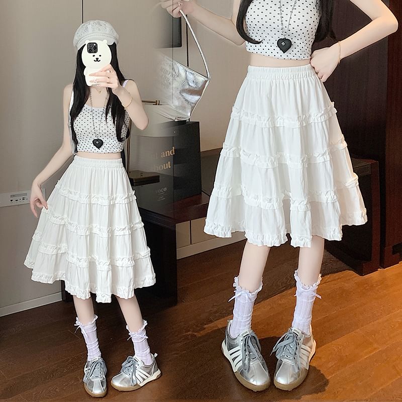 Elastic Waist Plain Ruffle Trim Tiered A-Line Skirt