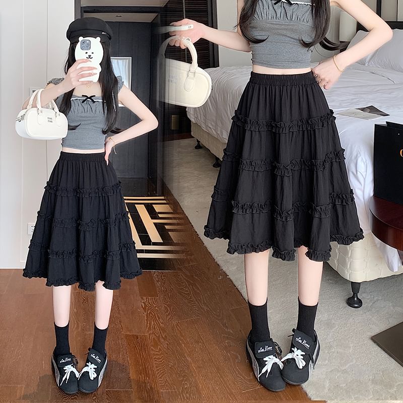 Elastic Waist Plain Ruffle Trim Tiered A-Line Skirt