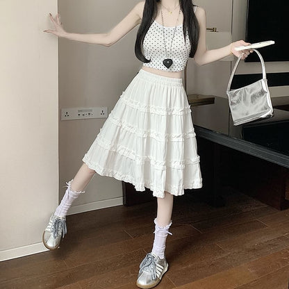 Elastic Waist Plain Ruffle Trim Tiered A-Line Skirt