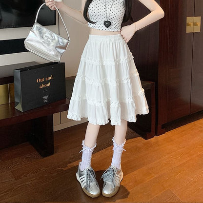 Elastic Waist Plain Ruffle Trim Tiered A-Line Skirt