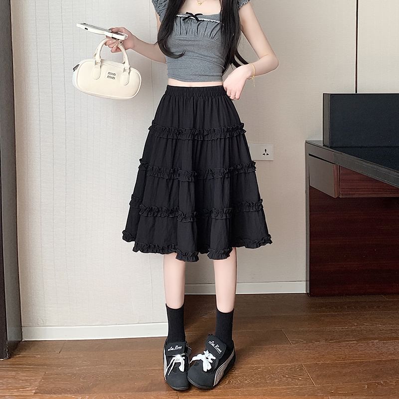 Elastic Waist Plain Ruffle Trim Tiered A-Line Skirt