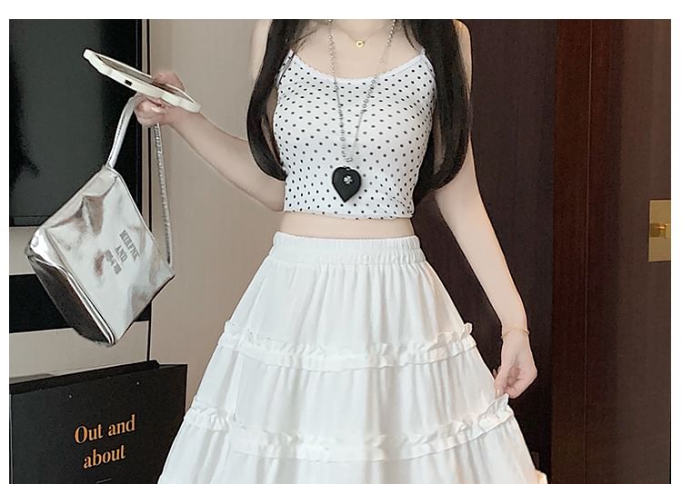 Elastic Waist Plain Ruffle Trim Tiered A-Line Skirt