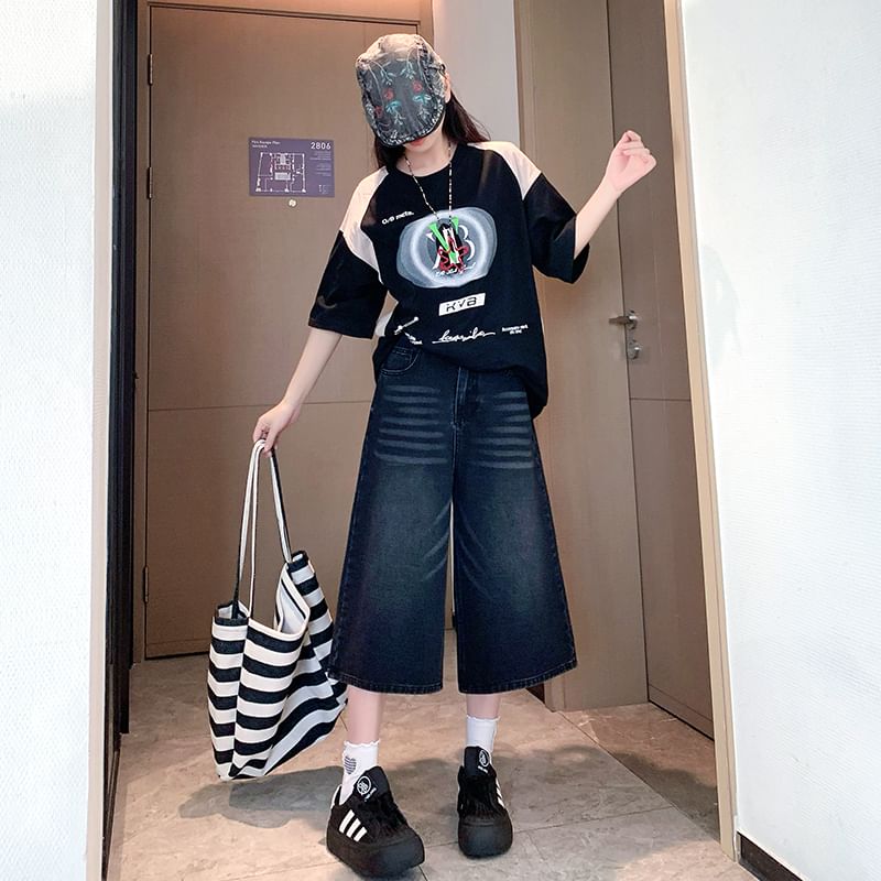 High Waist Washed Capri Wide Leg Jeans