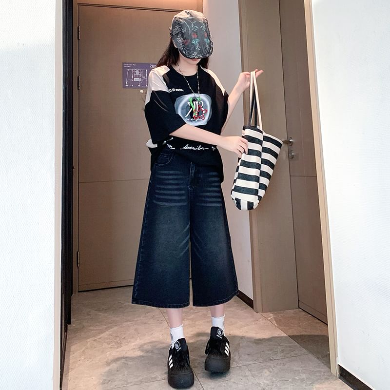 High Waist Washed Capri Wide Leg Jeans