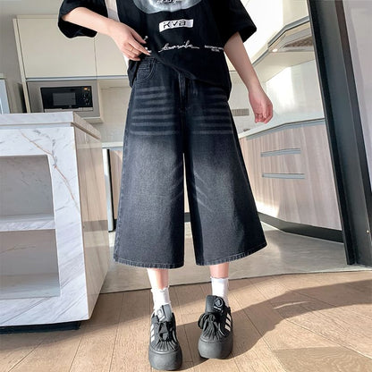 High Waist Washed Capri Wide Leg Jeans