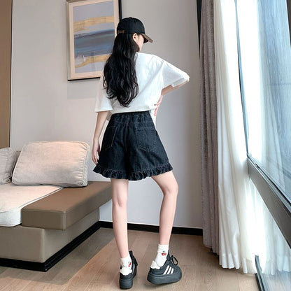 Elastic Waist Ruffle Trim Denim Shorts
