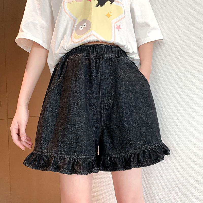 Elastic Waist Ruffle Trim Denim Shorts