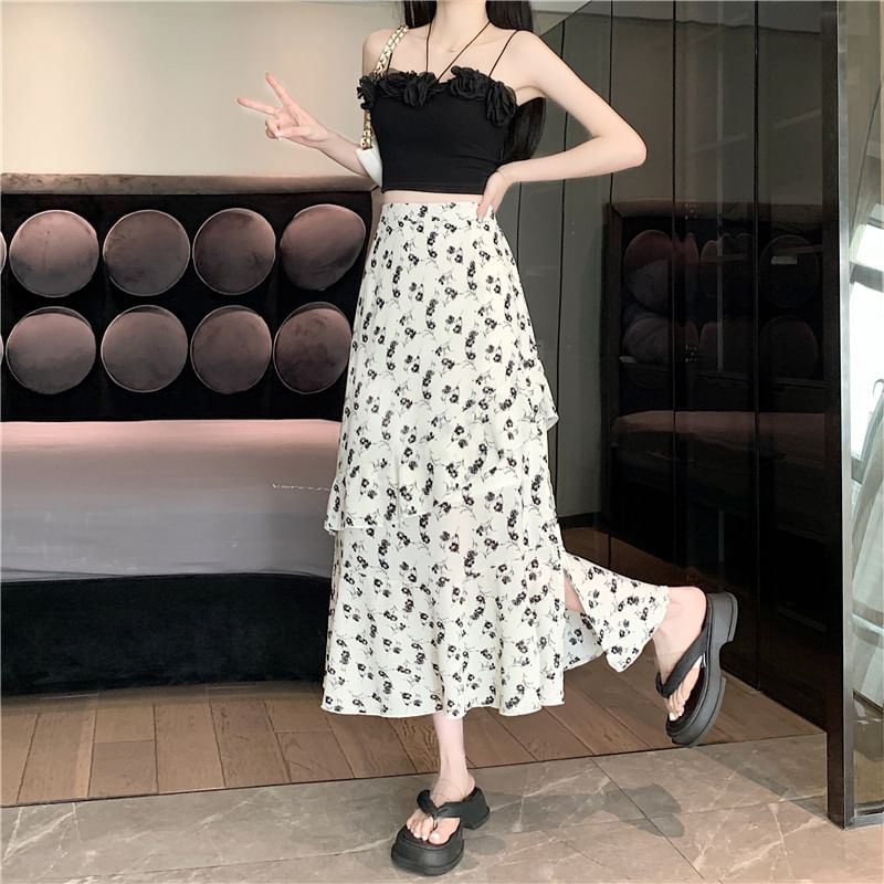High Rise Floral Slit Tiered Midi A-Line Skirt
