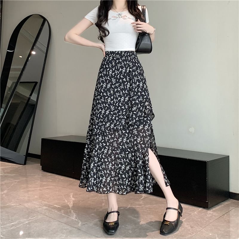 High Rise Floral Slit Tiered Midi A-Line Skirt