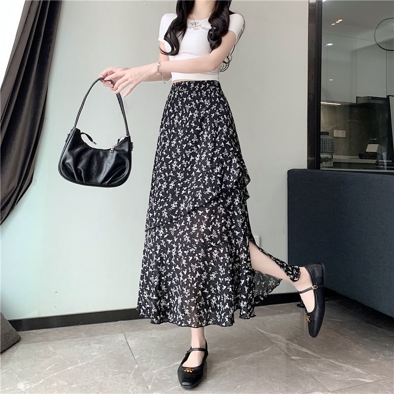 High Rise Floral Slit Tiered Midi A-Line Skirt