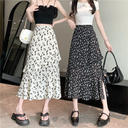 High Rise Floral Slit Tiered Midi A-Line Skirt
