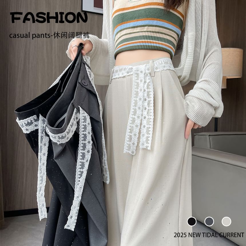 High Waist Sequin Lace Panel Wide Leg Dress Pants (Various Designs)