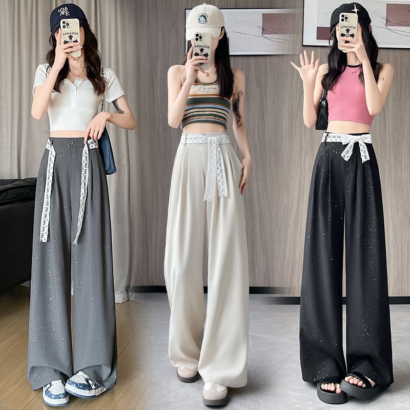 High Waist Sequin Lace Panel Wide Leg Dress Pants (Various Designs)