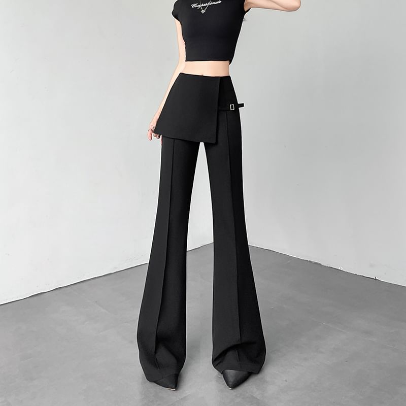 High Waist Buckled Skirt Overlay Flared Suit Pants (Various Designs)