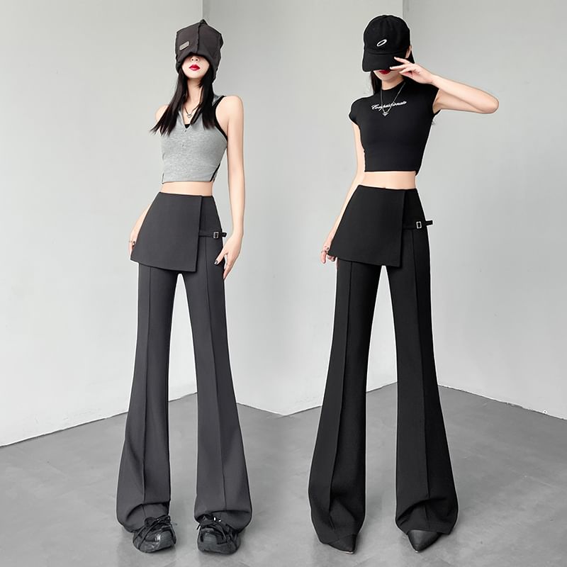 High Waist Buckled Skirt Overlay Flared Suit Pants (Various Designs)