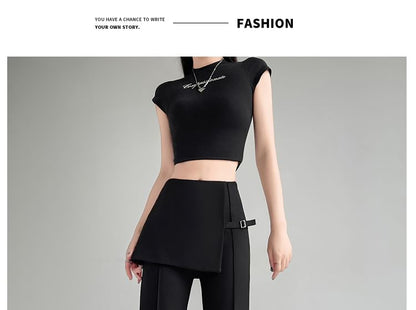 High Waist Buckled Skirt Overlay Flared Suit Pants (Various Designs)