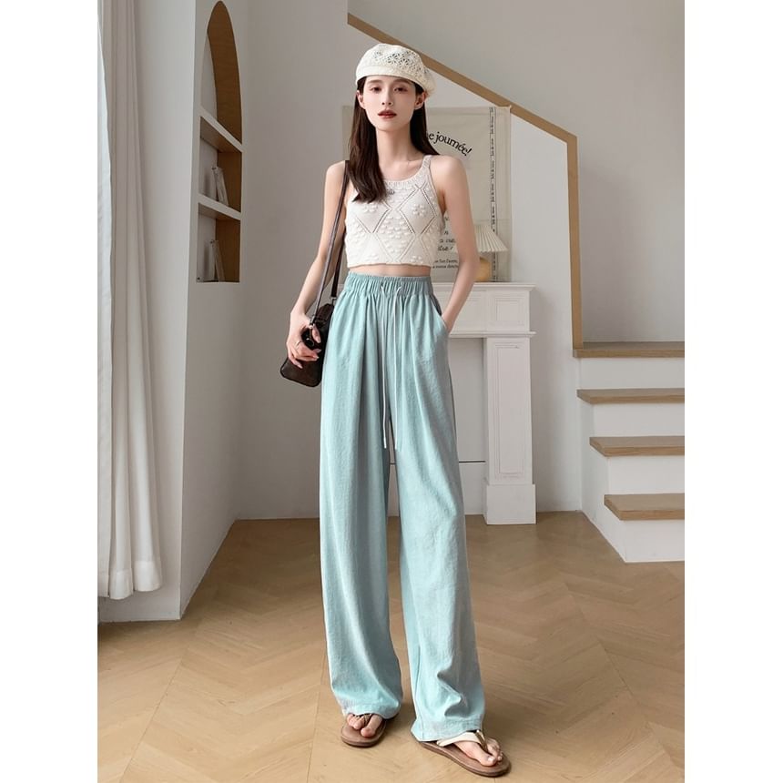 Drawstring Waist Plain Wide Leg Pants