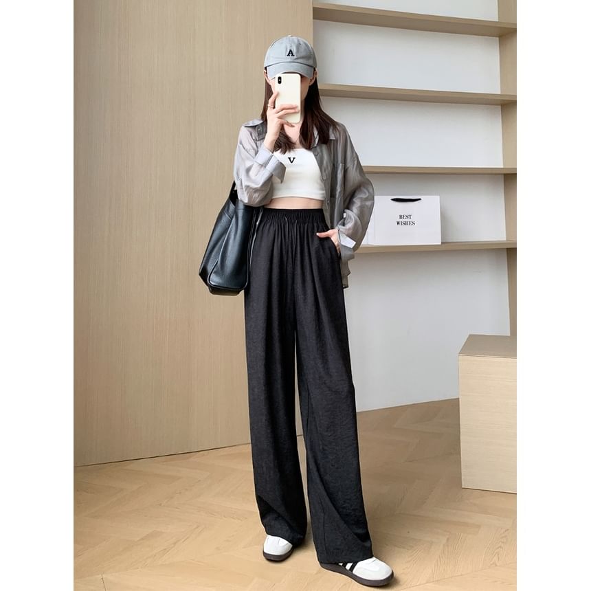 Drawstring Waist Plain Wide Leg Pants