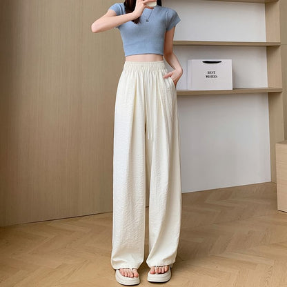 Drawstring Waist Plain Wide Leg Pants