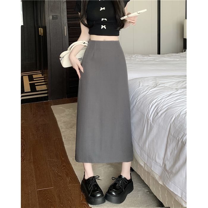 High Rise Plain Slit Midi A-Line Skirt