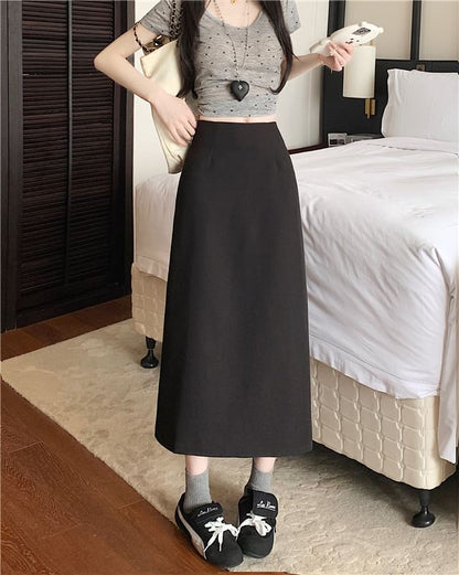 High Rise Plain Slit Midi A-Line Skirt
