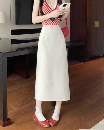 High Rise Plain Slit Midi A-Line Skirt