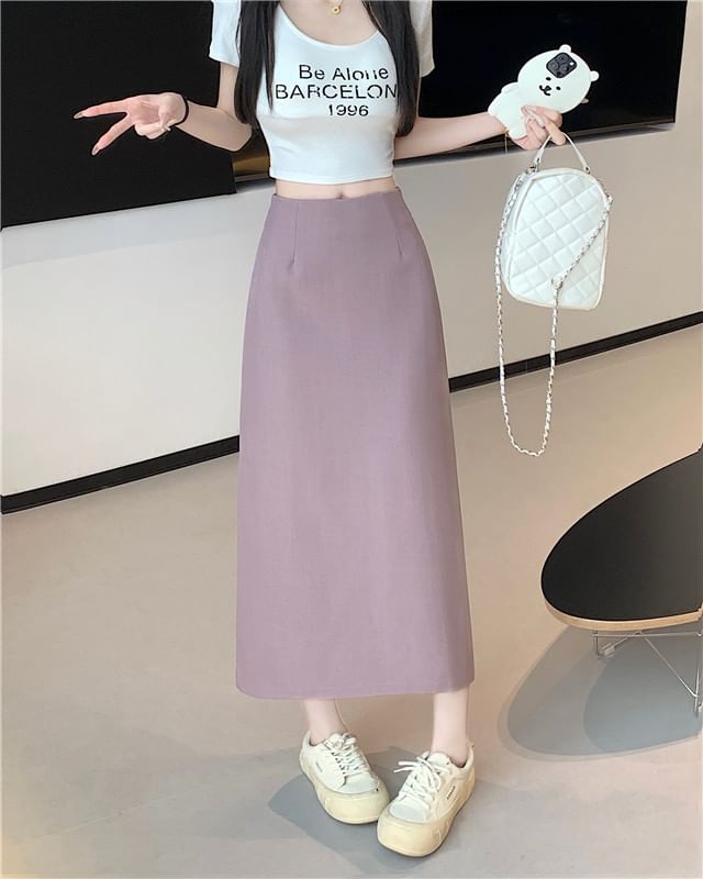 High Rise Plain Slit Midi A-Line Skirt