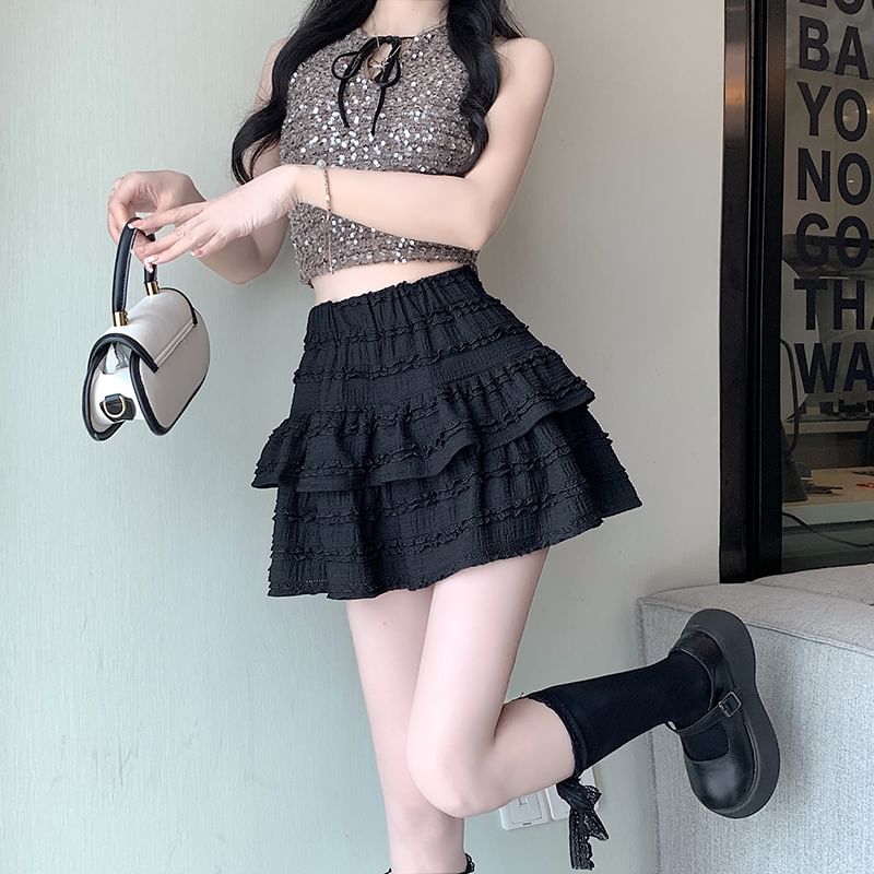 Balletcore Elastic Waist Plain Tiered Mini A-Line Skirt