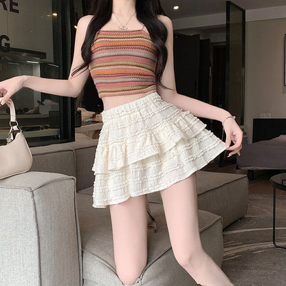 Balletcore Elastic Waist Plain Tiered Mini A-Line Skirt