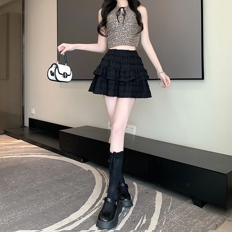 Balletcore Elastic Waist Plain Tiered Mini A-Line Skirt