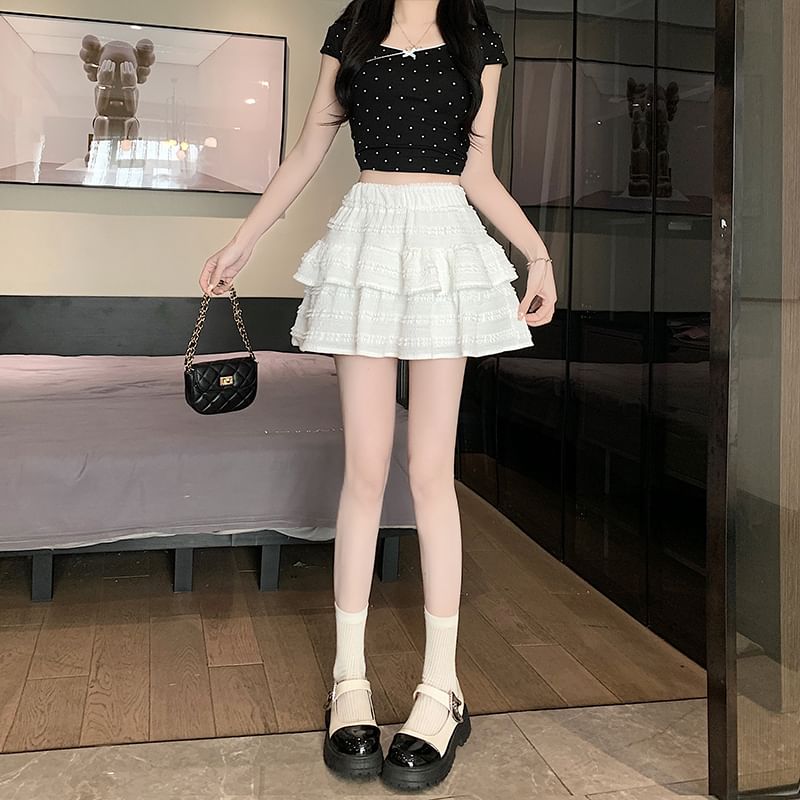 Balletcore Elastic Waist Plain Tiered Mini A-Line Skirt