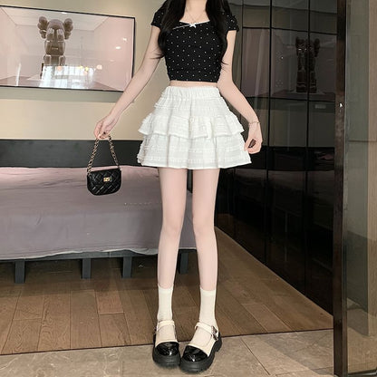 Balletcore Elastic Waist Plain Tiered Mini A-Line Skirt