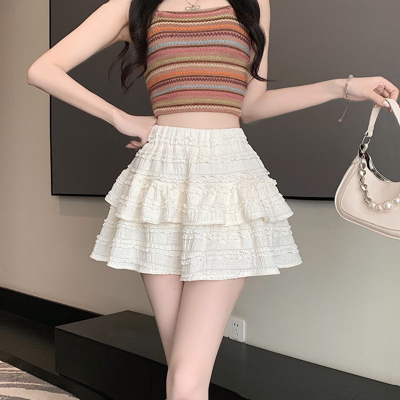 Balletcore Elastic Waist Plain Tiered Mini A-Line Skirt