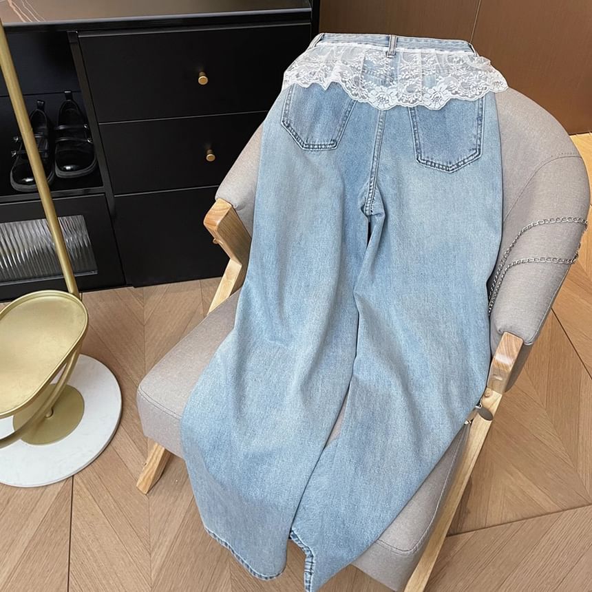 High Waist Lace Panel Washed Wide Leg Jeans