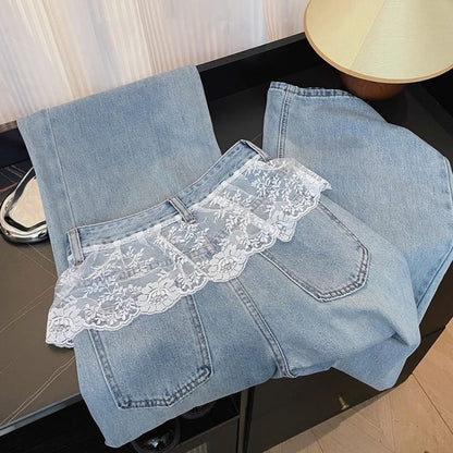 High Waist Lace Panel Washed Wide Leg Jeans