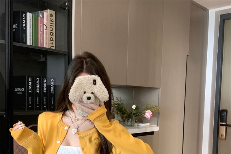 Plain Tie Front Ribbed Crop Knit Tank Top / Round Neck Contrast Stitching Cardigan