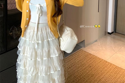 Plain Tie Front Ribbed Crop Knit Tank Top / Round Neck Contrast Stitching Cardigan