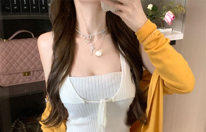 Plain Tie Front Ribbed Crop Knit Tank Top / Round Neck Contrast Stitching Cardigan